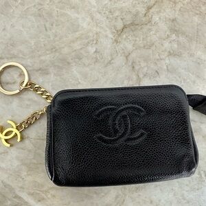 Authentic vintage Chanel black caviar keychain pouch
